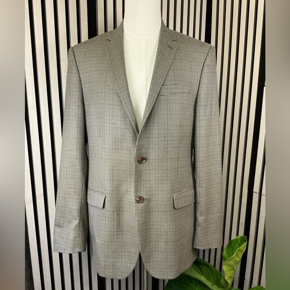Ralph Lauren Mens 42L Tan/Blue/Gray Houndstooth Wool Silk Sport Coat Blazer - Picture 1 of 8